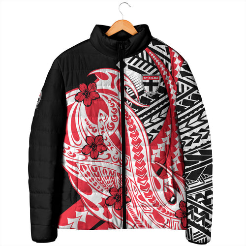 Personalized St Kilda Saints Padded Jacket Polynesian Tribal Saint Mascot With Hibiscus Floral Art