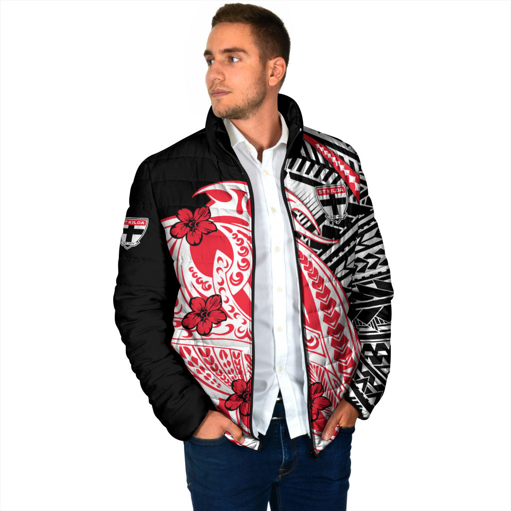 Personalized St Kilda Saints Padded Jacket Polynesian Tribal Saint Mascot With Hibiscus Floral Art