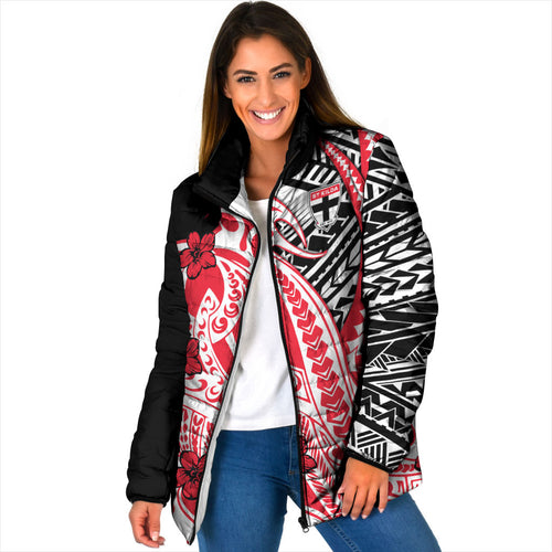 Personalized St Kilda Saints Padded Jacket Polynesian Tribal Saint Mascot With Hibiscus Floral Art