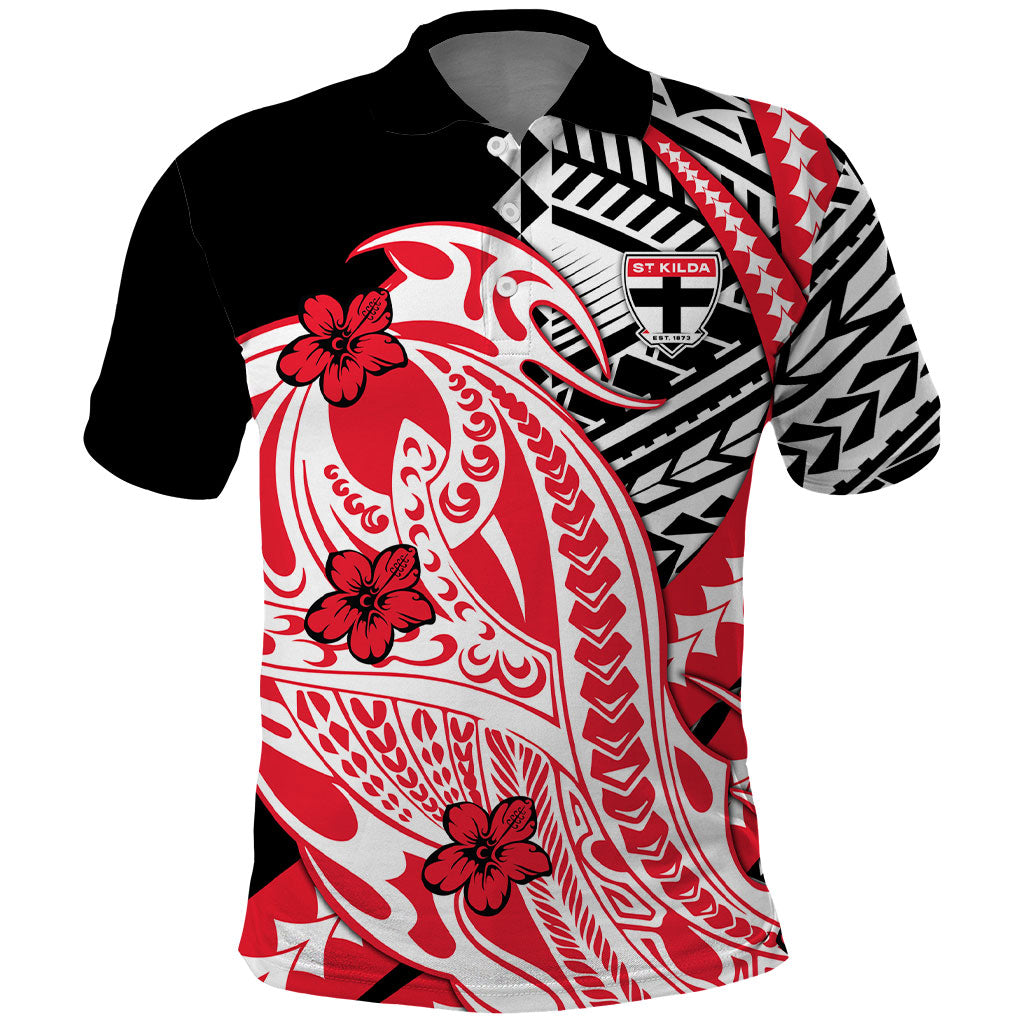 Personalized St Kilda Saints Polo Shirt Polynesian Tribal Saint Mascot With Hibiscus Floral Art