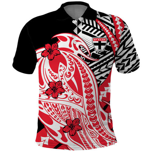Personalized St Kilda Saints Polo Shirt Polynesian Tribal Saint Mascot With Hibiscus Floral Art