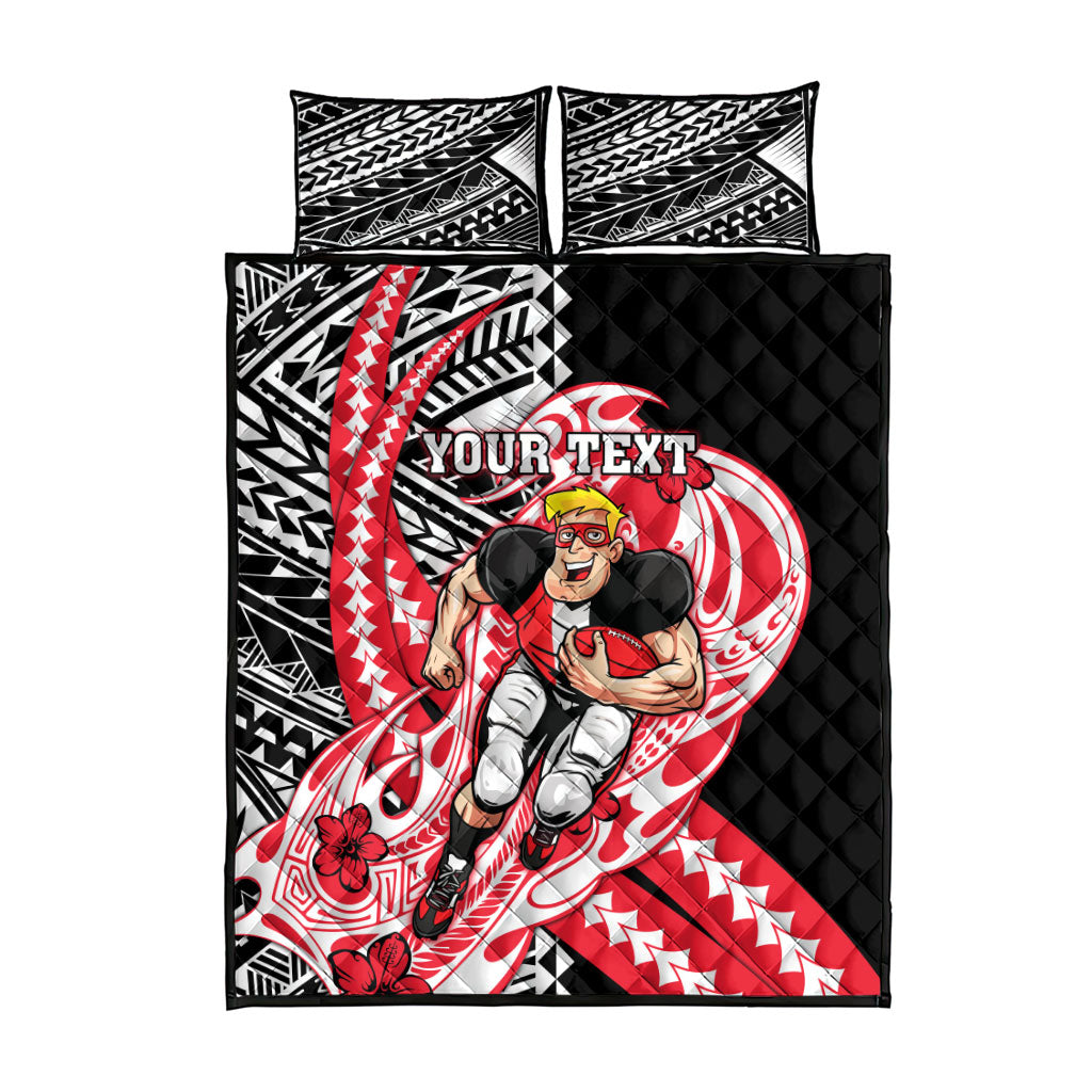 Personalized St Kilda Saints Quilt Bed Set Polynesian Tribal Saint Mascot With Hibiscus Floral Art