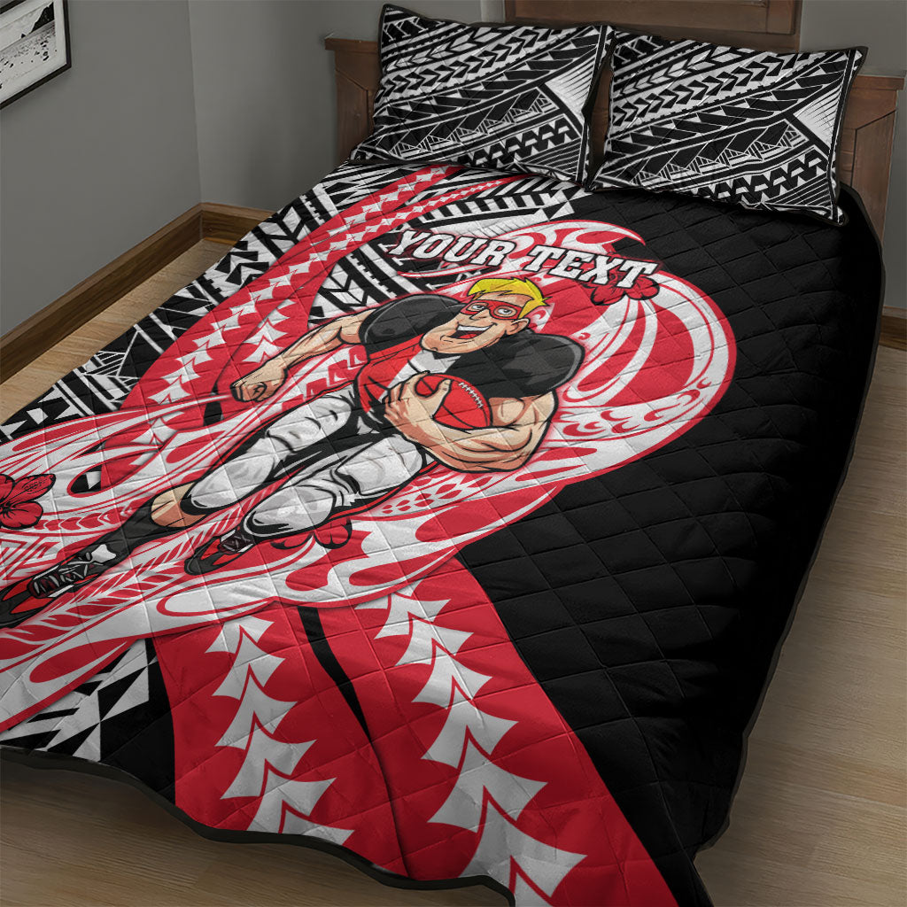 Personalized St Kilda Saints Quilt Bed Set Polynesian Tribal Saint Mascot With Hibiscus Floral Art