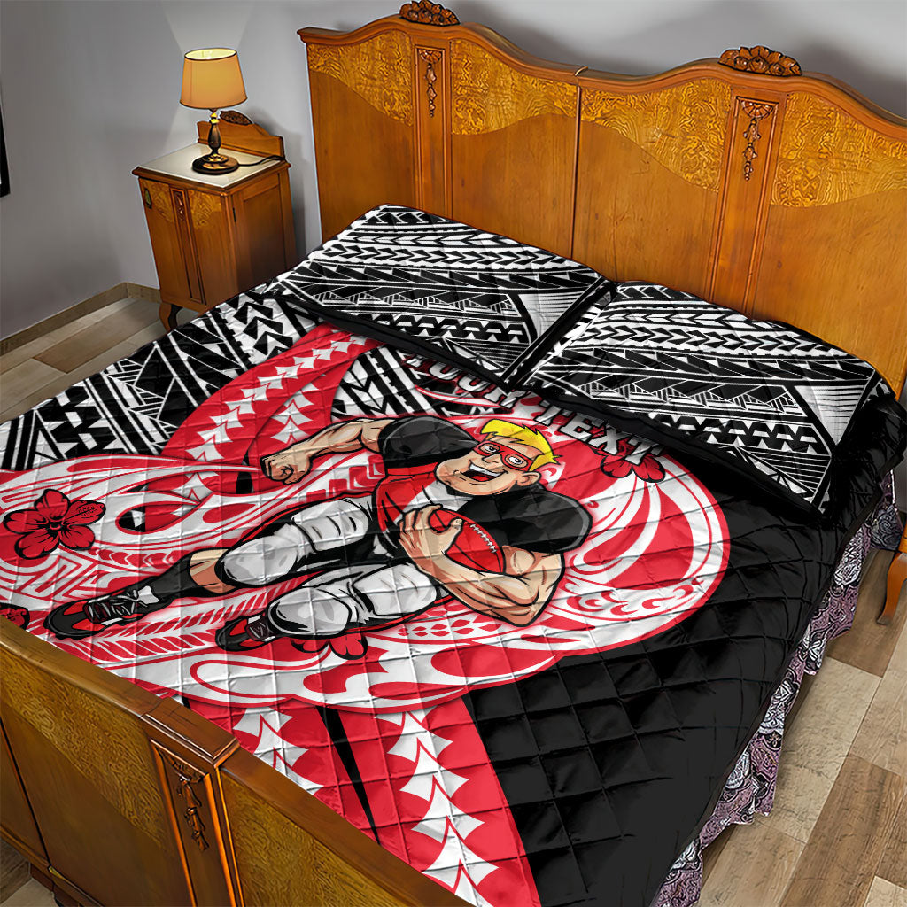 Personalized St Kilda Saints Quilt Bed Set Polynesian Tribal Saint Mascot With Hibiscus Floral Art