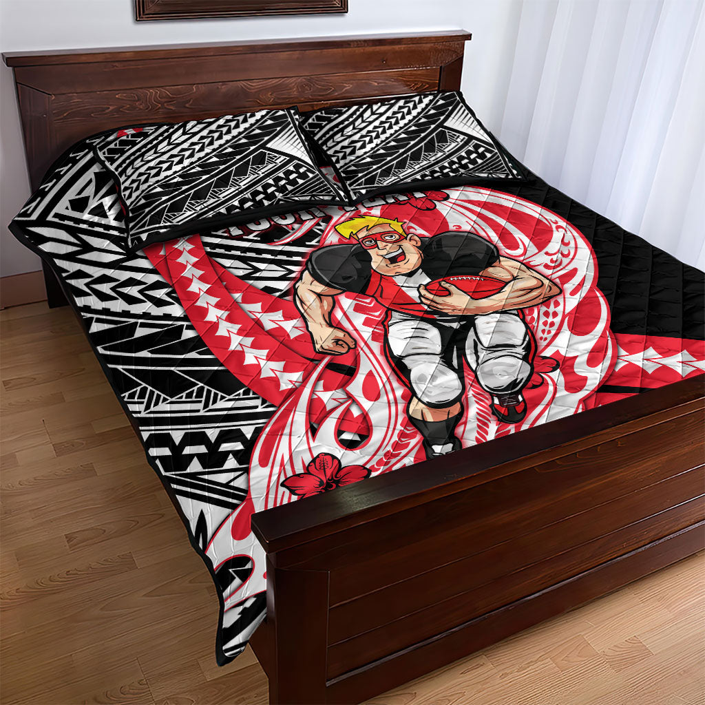 Personalized St Kilda Saints Quilt Bed Set Polynesian Tribal Saint Mascot With Hibiscus Floral Art