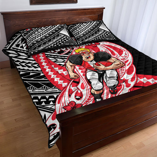 Personalized St Kilda Saints Quilt Bed Set Polynesian Tribal Saint Mascot With Hibiscus Floral Art