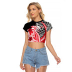 Personalized St Kilda Saints Raglan Cropped T Shirt Polynesian Tribal Saint Mascot With Hibiscus Floral Art