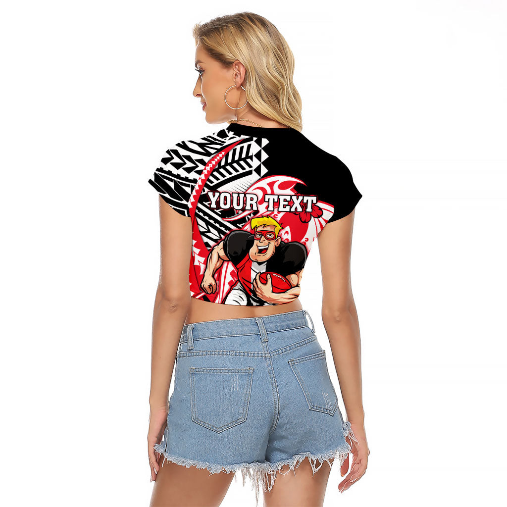 Personalized St Kilda Saints Raglan Cropped T Shirt Polynesian Tribal Saint Mascot With Hibiscus Floral Art
