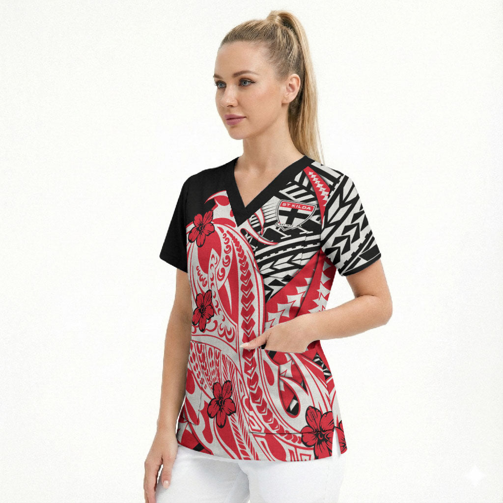 Personalized St Kilda Saints Scrub Top Polynesian Tribal Saint Mascot With Hibiscus Floral Art