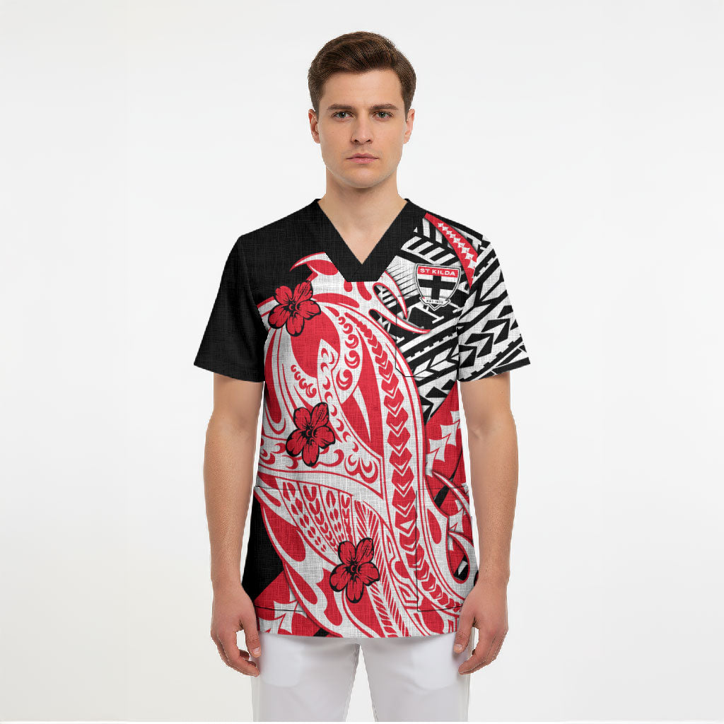 Personalized St Kilda Saints Scrub Top Polynesian Tribal Saint Mascot With Hibiscus Floral Art