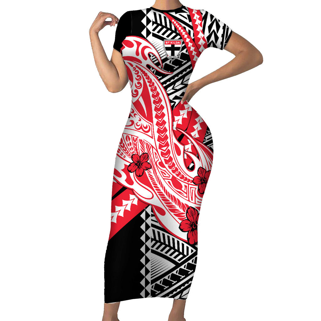 Personalized St Kilda Saints Short Sleeve Bodycon Dress Polynesian Tribal Saint Mascot With Hibiscus Floral Art