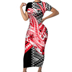 Personalized St Kilda Saints Short Sleeve Bodycon Dress Polynesian Tribal Saint Mascot With Hibiscus Floral Art