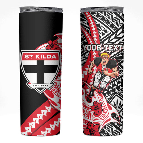 Personalized St Kilda Saints Skinny Tumbler Polynesian Tribal Saint Mascot With Hibiscus Floral Art