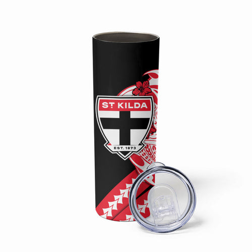 Personalized St Kilda Saints Skinny Tumbler Polynesian Tribal Saint Mascot With Hibiscus Floral Art