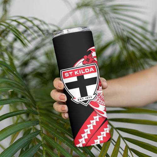Personalized St Kilda Saints Skinny Tumbler Polynesian Tribal Saint Mascot With Hibiscus Floral Art