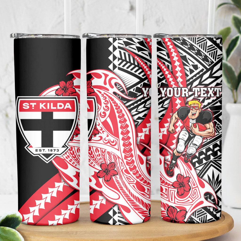 Personalized St Kilda Saints Skinny Tumbler Polynesian Tribal Saint Mascot With Hibiscus Floral Art