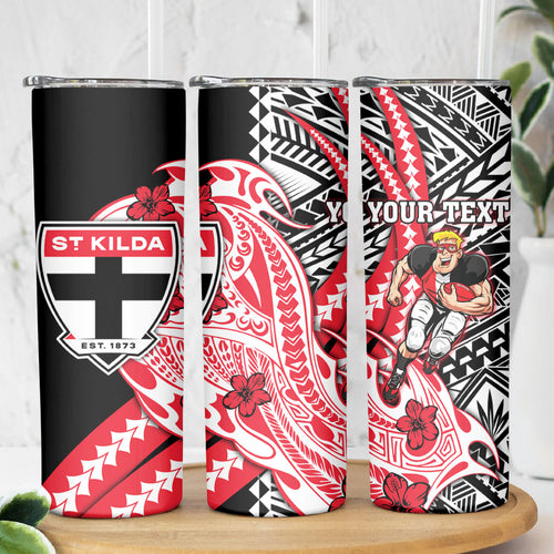 Personalized St Kilda Saints Skinny Tumbler Polynesian Tribal Saint Mascot With Hibiscus Floral Art
