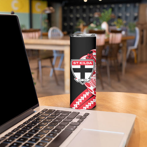 Personalized St Kilda Saints Skinny Tumbler Polynesian Tribal Saint Mascot With Hibiscus Floral Art