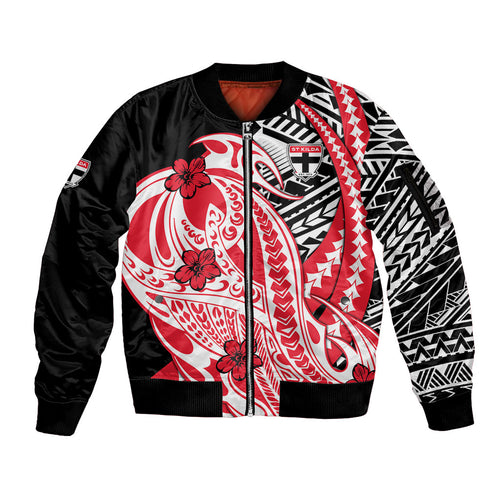 Personalized St Kilda Saints Sleeve Zip Bomber Jacket Polynesian Tribal Saint Mascot With Hibiscus Floral Art
