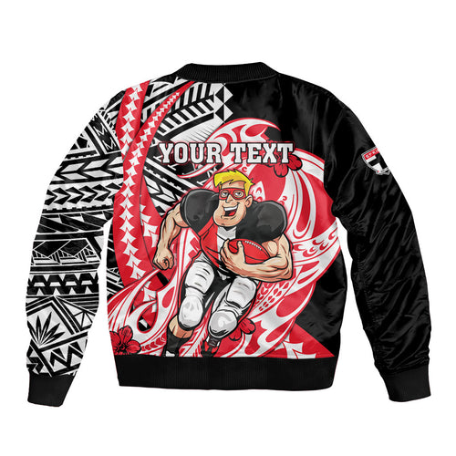 Personalized St Kilda Saints Sleeve Zip Bomber Jacket Polynesian Tribal Saint Mascot With Hibiscus Floral Art