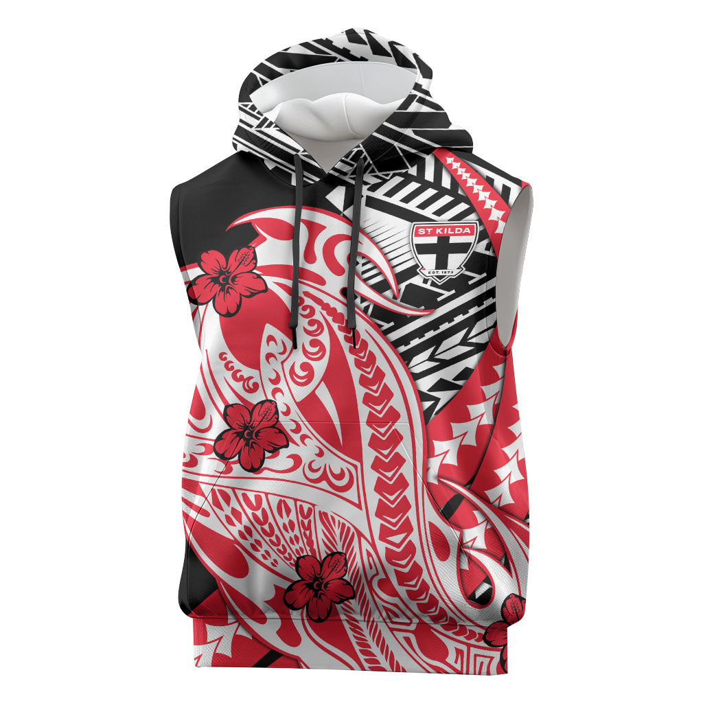 Personalized St Kilda Saints Sleeveless Hoodie Polynesian Tribal Saint Mascot With Hibiscus Floral Art
