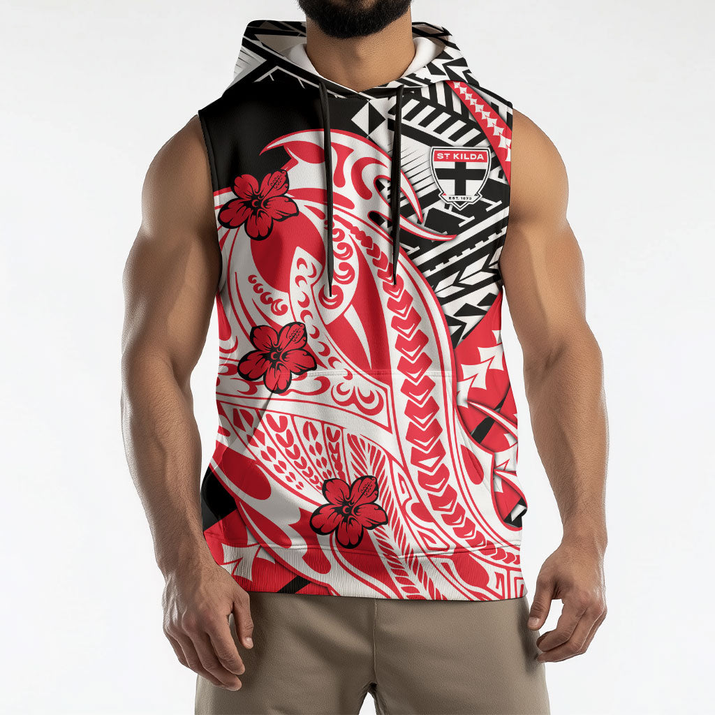 Personalized St Kilda Saints Sleeveless Hoodie Polynesian Tribal Saint Mascot With Hibiscus Floral Art