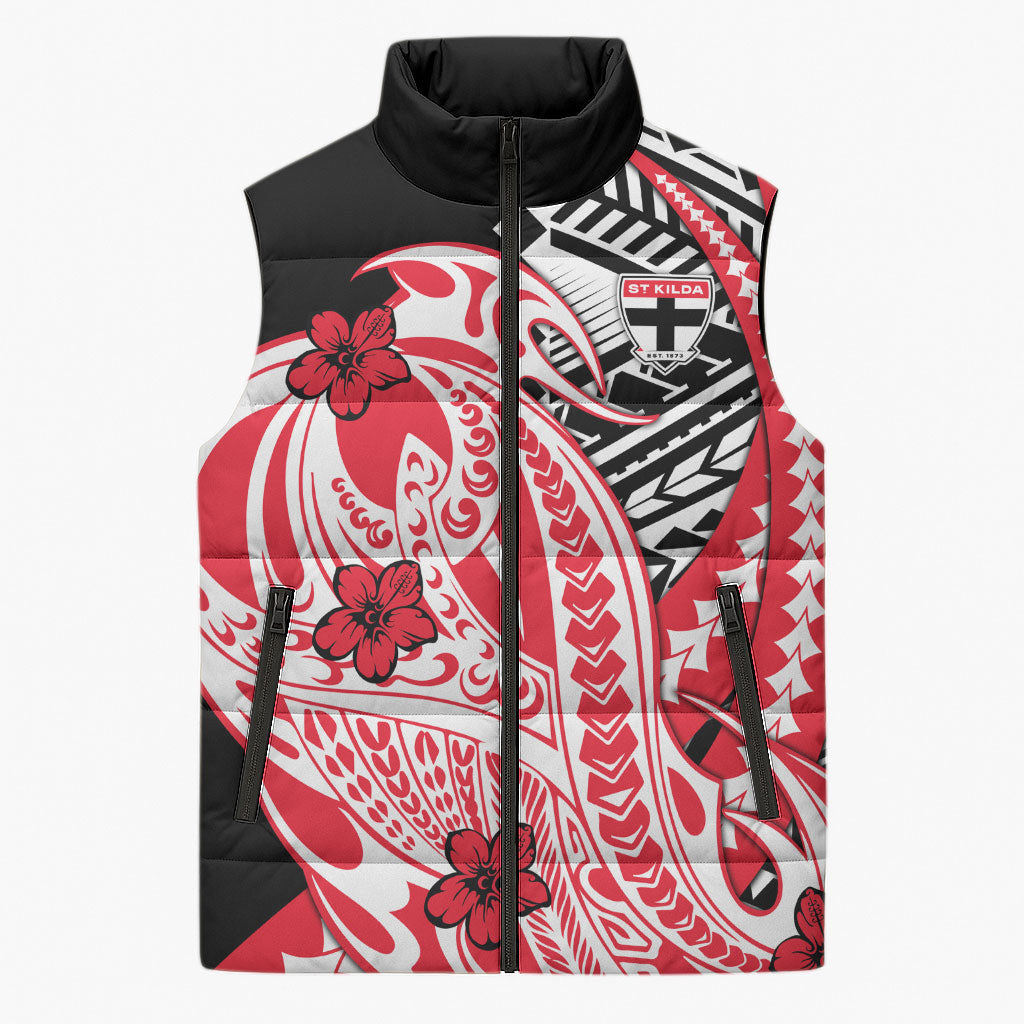 Personalized St Kilda Saints Sleeveless Puffer Jacket Polynesian Tribal Saint Mascot With Hibiscus Floral Art