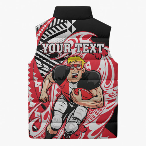 Personalized St Kilda Saints Sleeveless Puffer Jacket Polynesian Tribal Saint Mascot With Hibiscus Floral Art