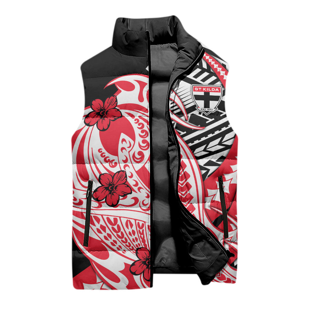 Personalized St Kilda Saints Sleeveless Puffer Jacket Polynesian Tribal Saint Mascot With Hibiscus Floral Art