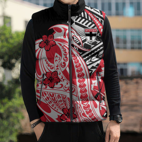 Personalized St Kilda Saints Sleeveless Puffer Jacket Polynesian Tribal Saint Mascot With Hibiscus Floral Art