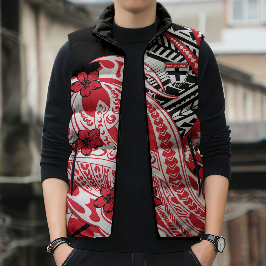 Personalized St Kilda Saints Sleeveless Puffer Jacket Polynesian Tribal Saint Mascot With Hibiscus Floral Art