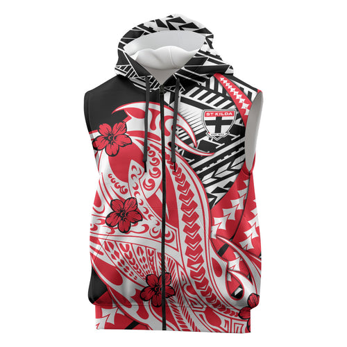 Personalized St Kilda Saints Sleeveless Zip Hoodie Polynesian Tribal Saint Mascot With Hibiscus Floral Art