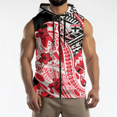 Personalized St Kilda Saints Sleeveless Zip Hoodie Polynesian Tribal Saint Mascot With Hibiscus Floral Art