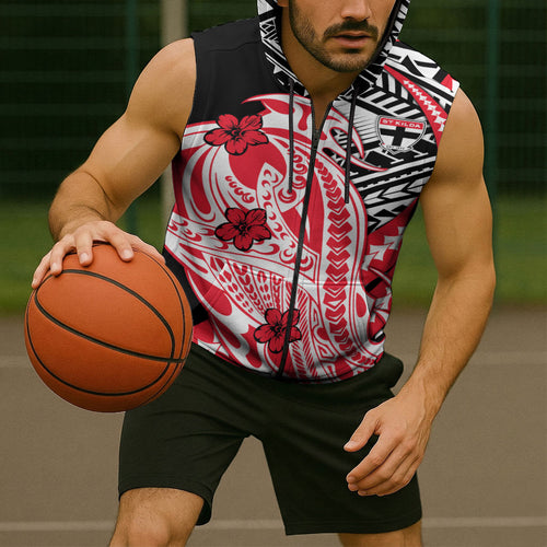Personalized St Kilda Saints Sleeveless Zip Hoodie Polynesian Tribal Saint Mascot With Hibiscus Floral Art