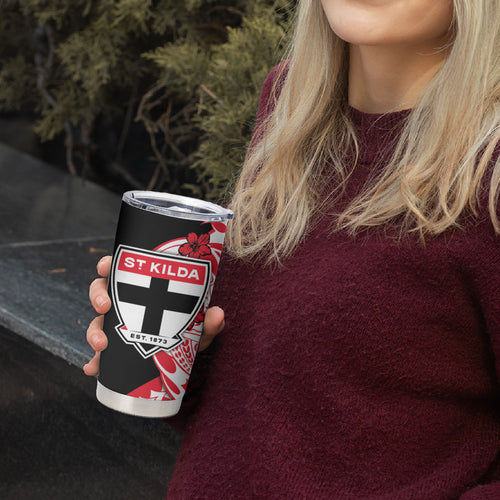 Personalized St Kilda Saints Tumbler Cup Polynesian Tribal Saint Mascot With Hibiscus Floral Art