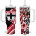 Personalized St Kilda Saints Tumbler With Handle Polynesian Tribal Saint Mascot With Hibiscus Floral Art