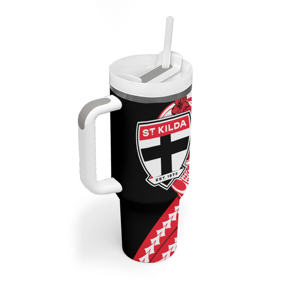 Personalized St Kilda Saints Tumbler With Handle Polynesian Tribal Saint Mascot With Hibiscus Floral Art