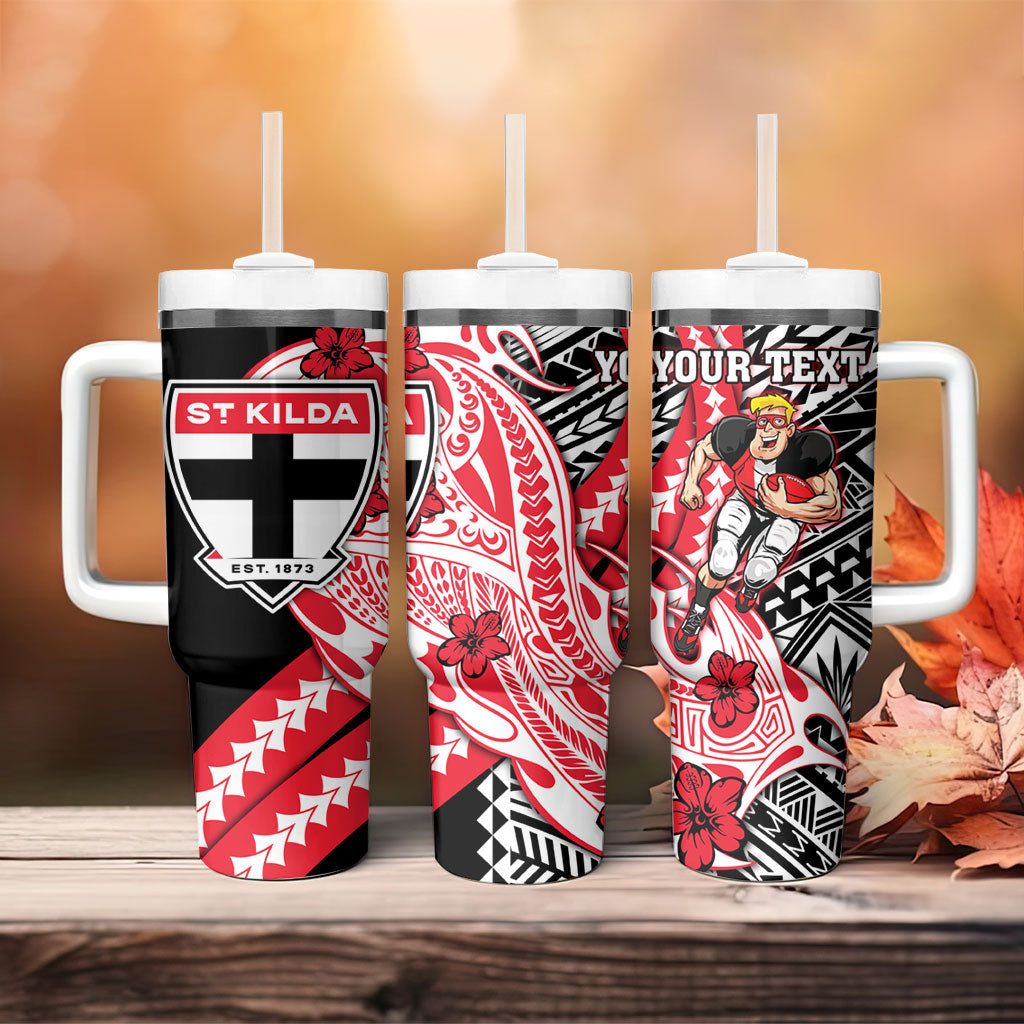 Personalized St Kilda Saints Tumbler With Handle Polynesian Tribal Saint Mascot With Hibiscus Floral Art