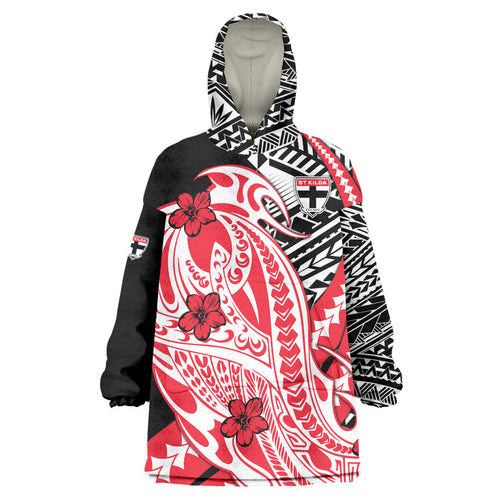Personalized St Kilda Saints Wearable Blanket Hoodie Polynesian Tribal Saint Mascot With Hibiscus Floral Art