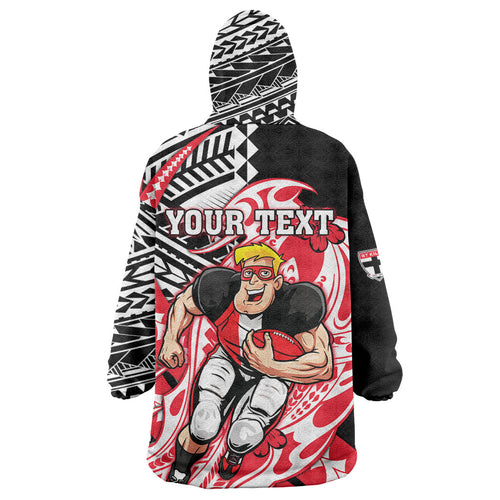 Personalized St Kilda Saints Wearable Blanket Hoodie Polynesian Tribal Saint Mascot With Hibiscus Floral Art