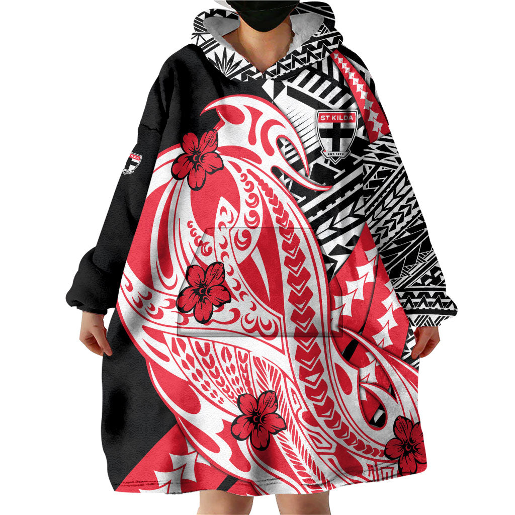 Personalized St Kilda Saints Wearable Blanket Hoodie Polynesian Tribal Saint Mascot With Hibiscus Floral Art