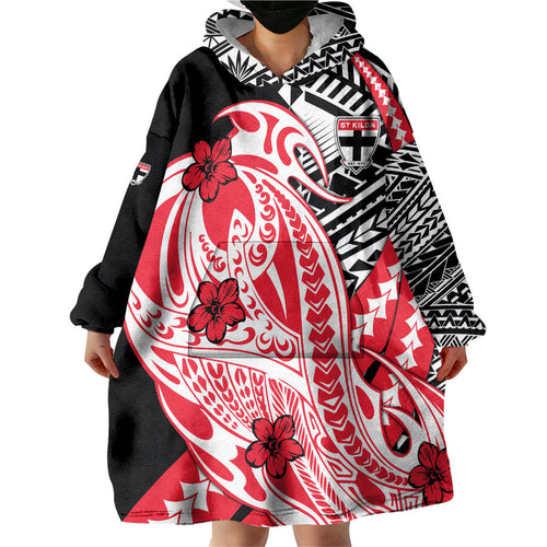 Personalized St Kilda Saints Wearable Blanket Hoodie Polynesian Tribal Saint Mascot With Hibiscus Floral Art