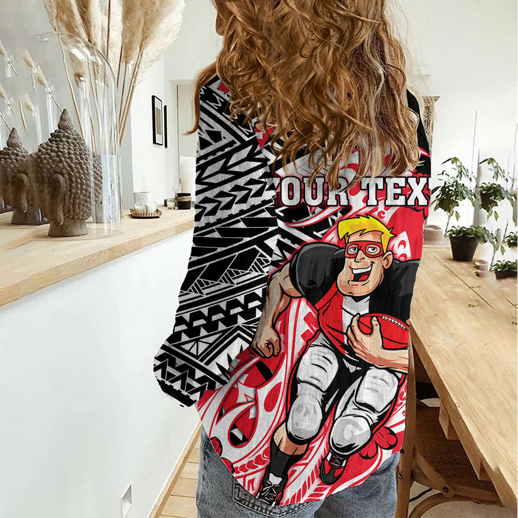 Personalized St Kilda Saints Women Casual Shirt Polynesian Tribal Saint Mascot With Hibiscus Floral Art