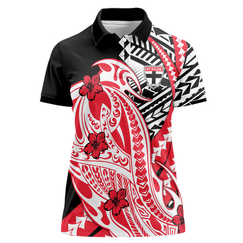 Personalized St Kilda Saints Women Polo Shirt Polynesian Tribal Saint Mascot With Hibiscus Floral Art