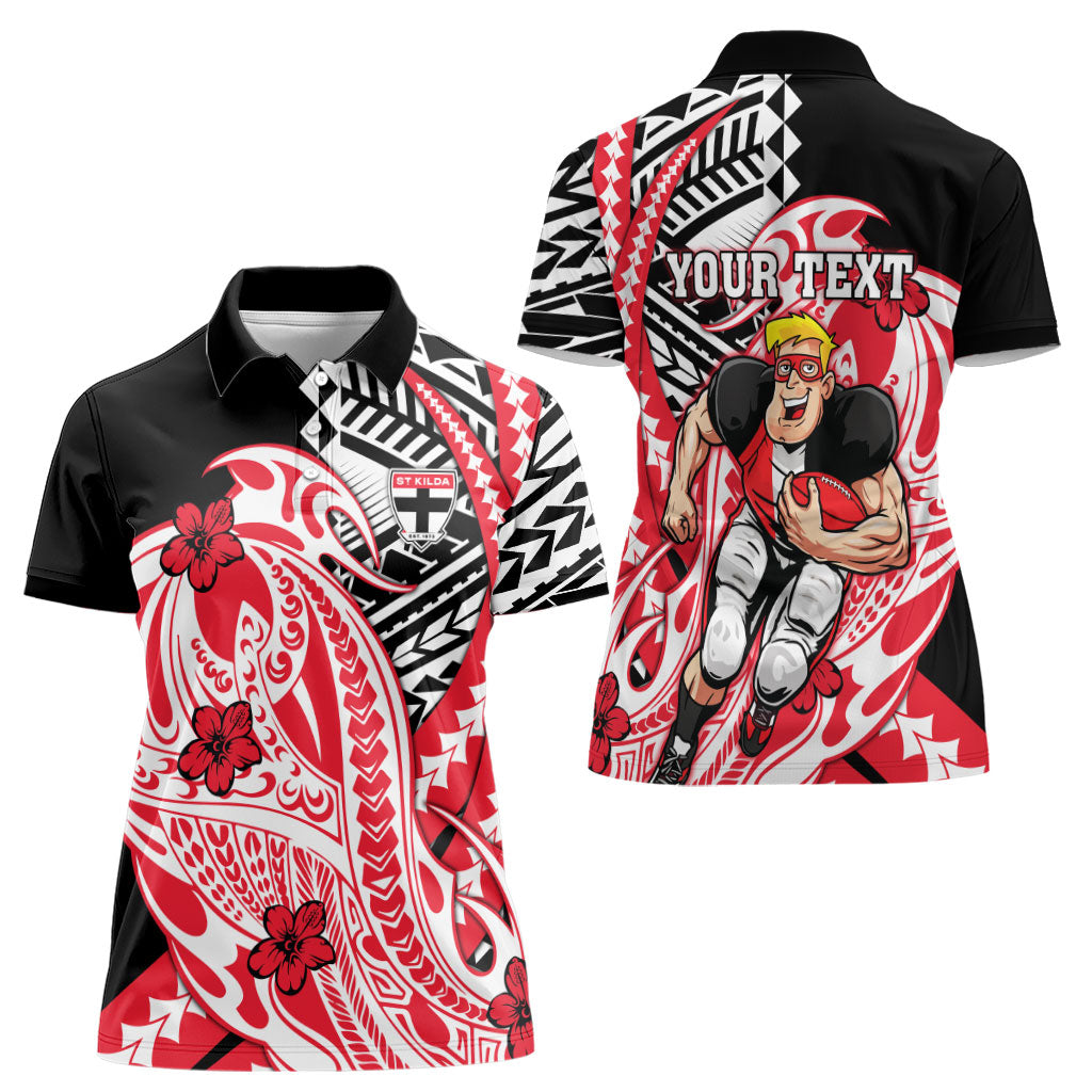 Personalized St Kilda Saints Women Polo Shirt Polynesian Tribal Saint Mascot With Hibiscus Floral Art