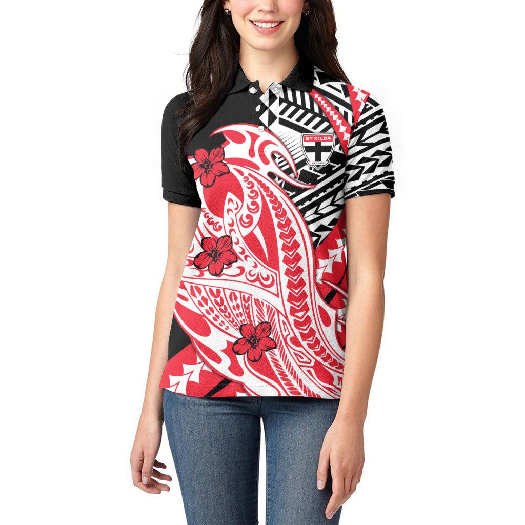 Personalized St Kilda Saints Women Polo Shirt Polynesian Tribal Saint Mascot With Hibiscus Floral Art