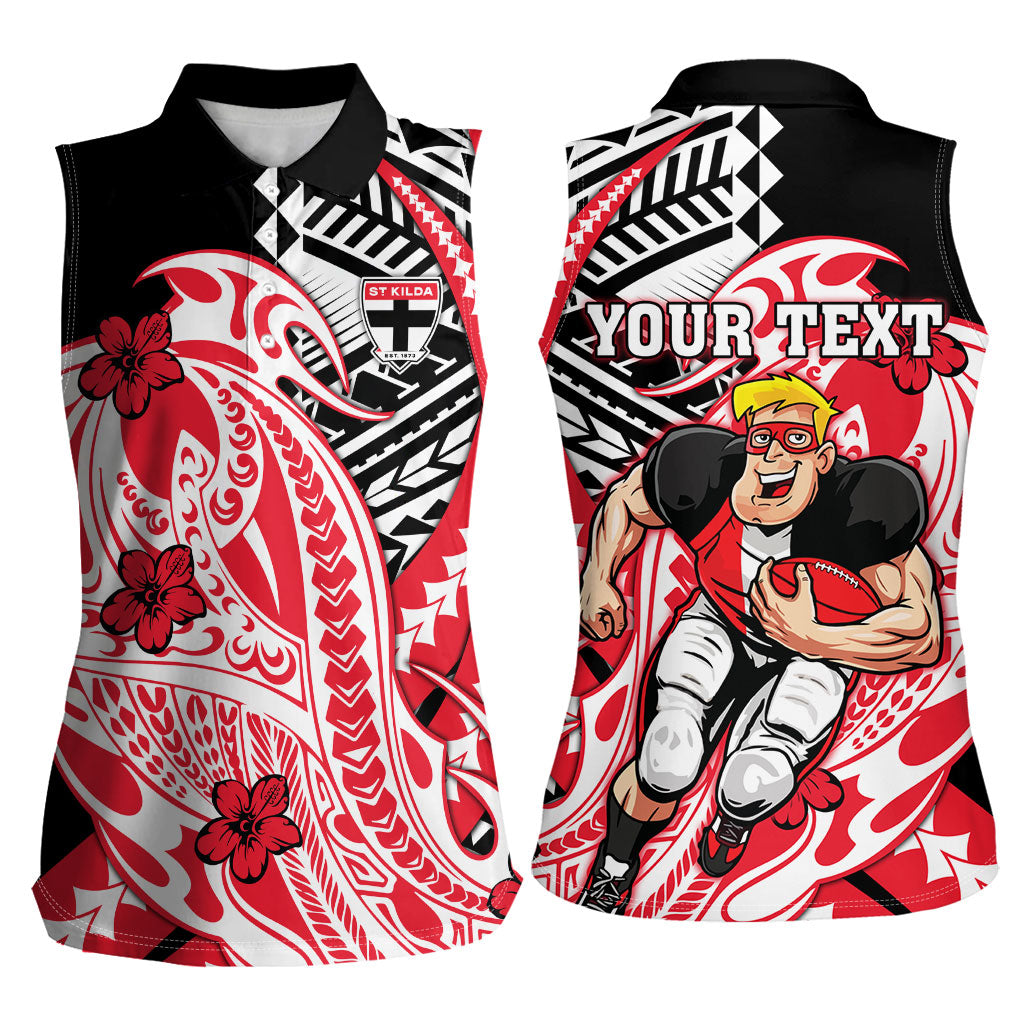 Personalized St Kilda Saints Women Sleeveless Polo Shirt Polynesian Tribal Saint Mascot With Hibiscus Floral Art