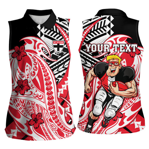 Personalized St Kilda Saints Women Sleeveless Polo Shirt Polynesian Tribal Saint Mascot With Hibiscus Floral Art