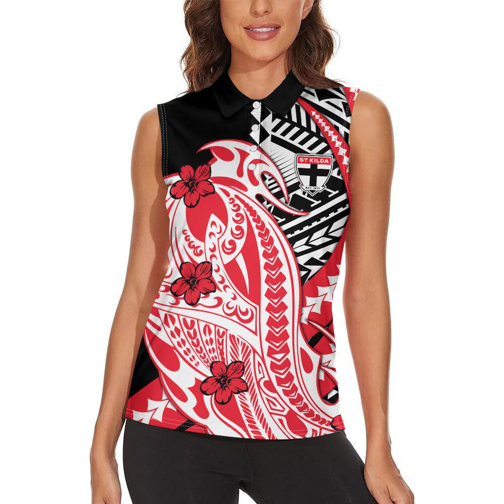 Personalized St Kilda Saints Women Sleeveless Polo Shirt Polynesian Tribal Saint Mascot With Hibiscus Floral Art