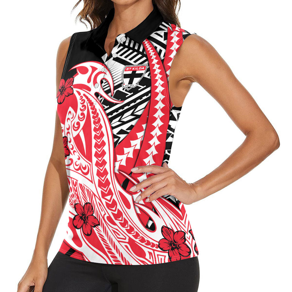 Personalized St Kilda Saints Women Sleeveless Polo Shirt Polynesian Tribal Saint Mascot With Hibiscus Floral Art